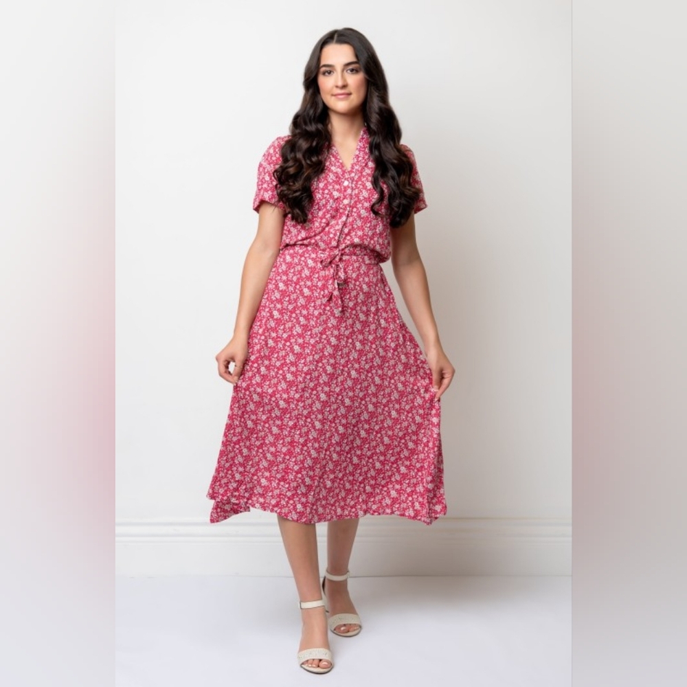 NWT - New Designer "Margaux USA" Floral Tie Waist Midi Shirt Dress - Size XL - Picture 3 of 13